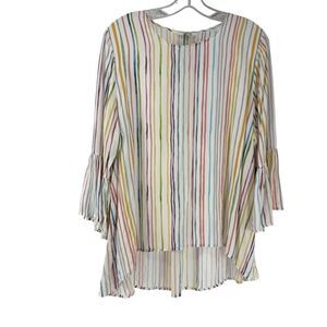 La Roque Silk Blend Top One Size Ruffle 3/4 Length Sleeve Colorful Striped Artsy